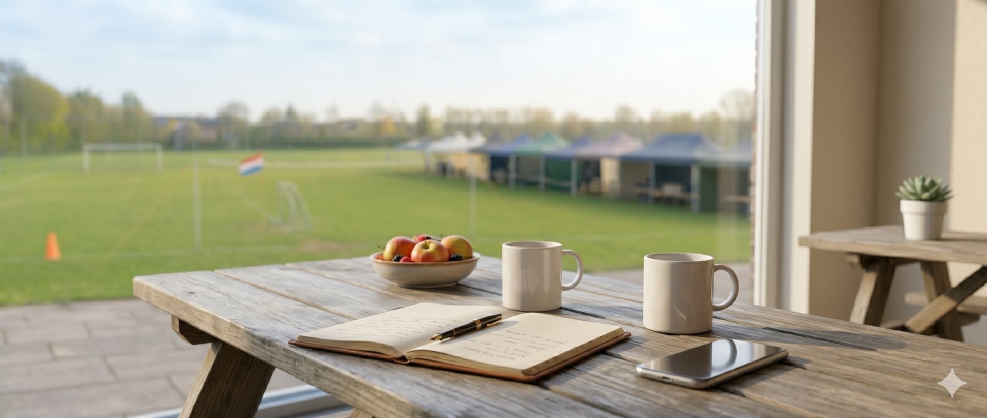 Picknicktafel met twee mokken, fruitschaal en notitieboek bij een sportveld