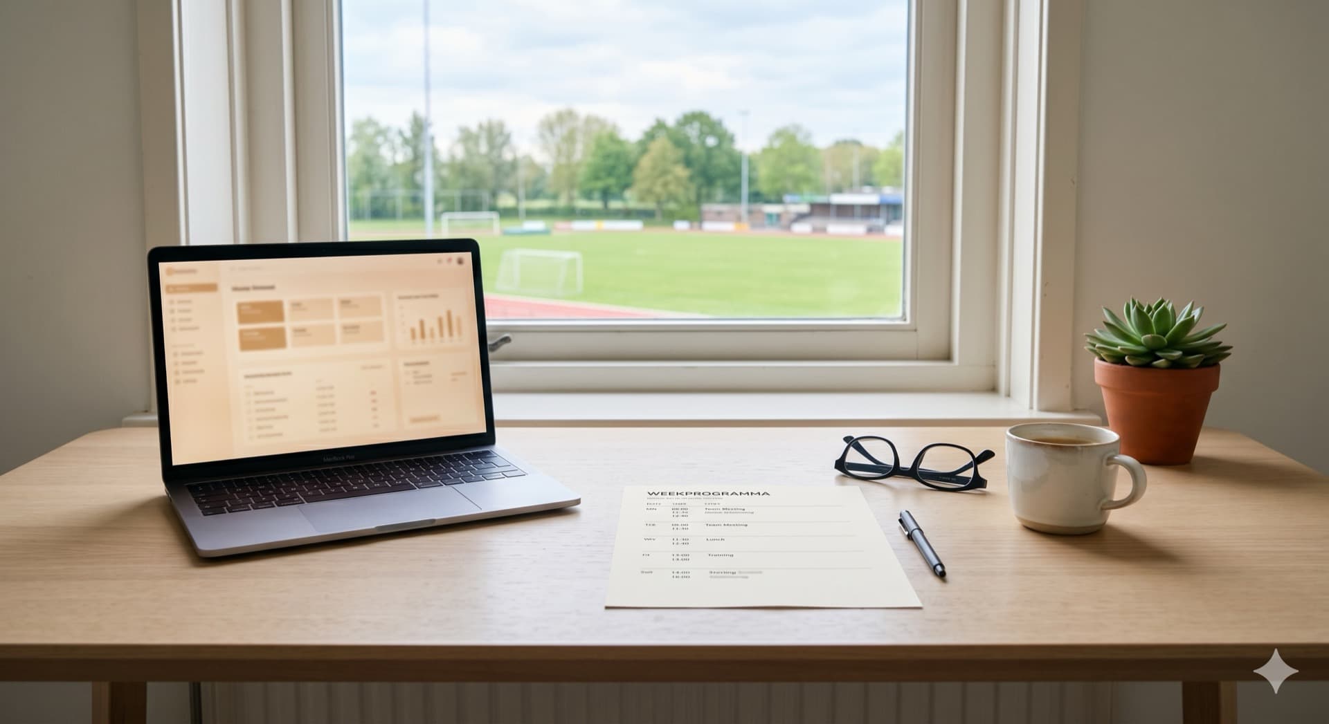 Workspace met laptop en planning bij een raam met uitzicht op een sportveld