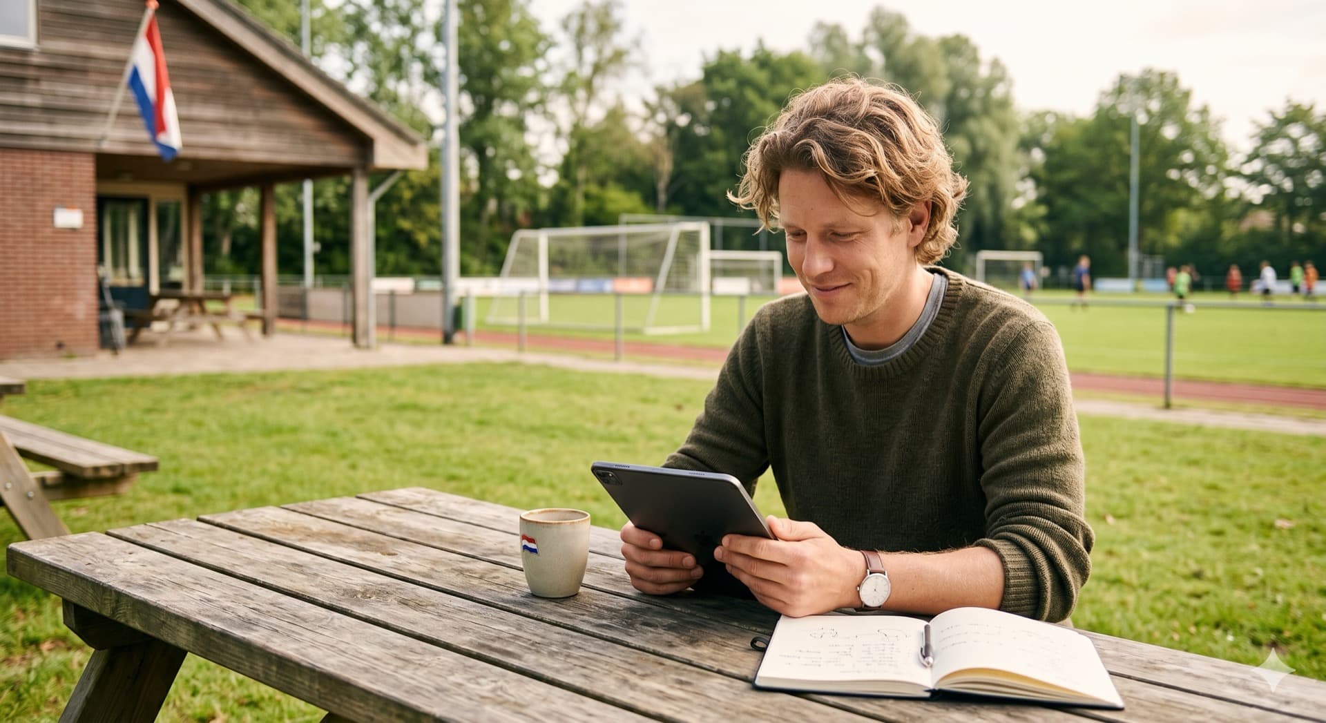 Persoon met krullend haar aan een picknicktafel met een tablet, op de achtergrond een sportveld