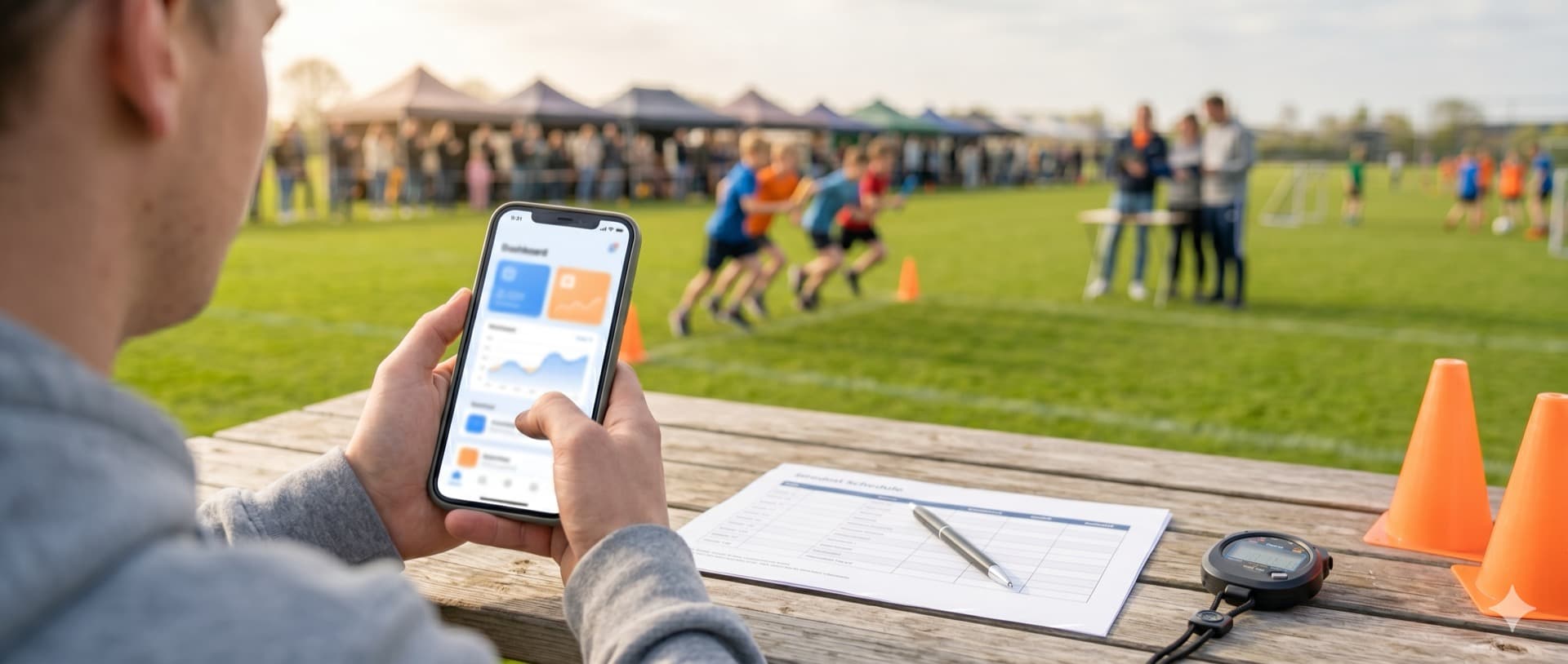 Telefoon met dashboard van de sportdag-app, op de achtergrond een sportveld met touwtrekkende kinderen