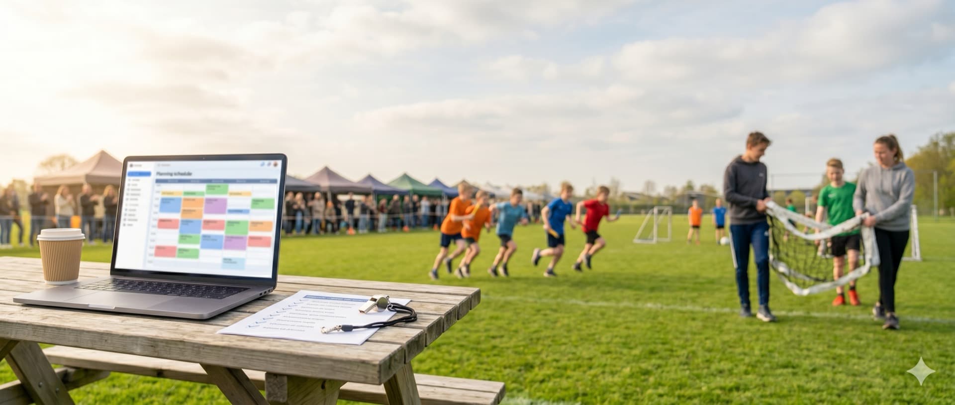 Laptop met planning-grid op een picknicktafel met fluitje en checklist, op de achtergrond kinderen die het sportveld op rennen