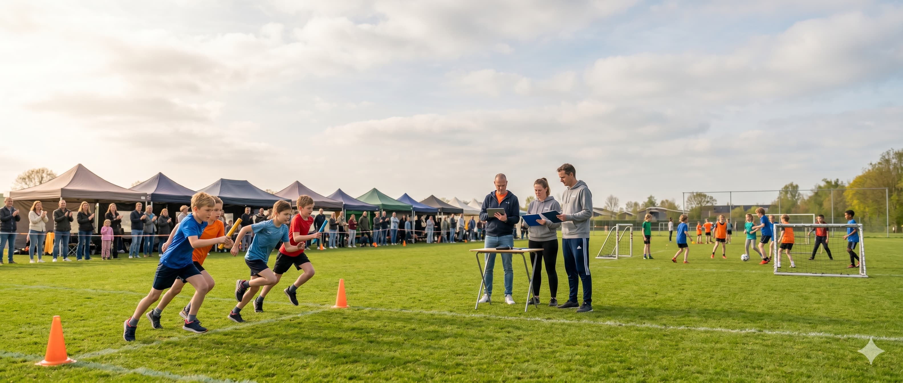 Sportdag op een grasveld met estafettelopers, tenten en organisatoren