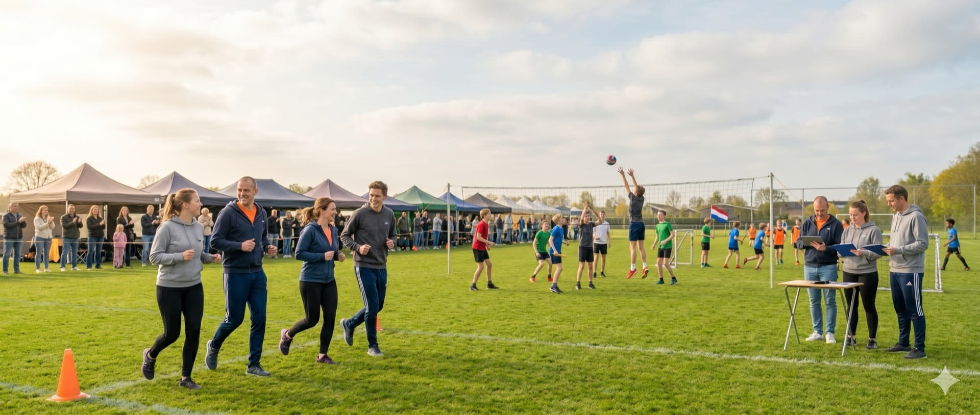 Sportveld in avondlicht met joggende volwassenen, volleybal en organisatoren met klembord