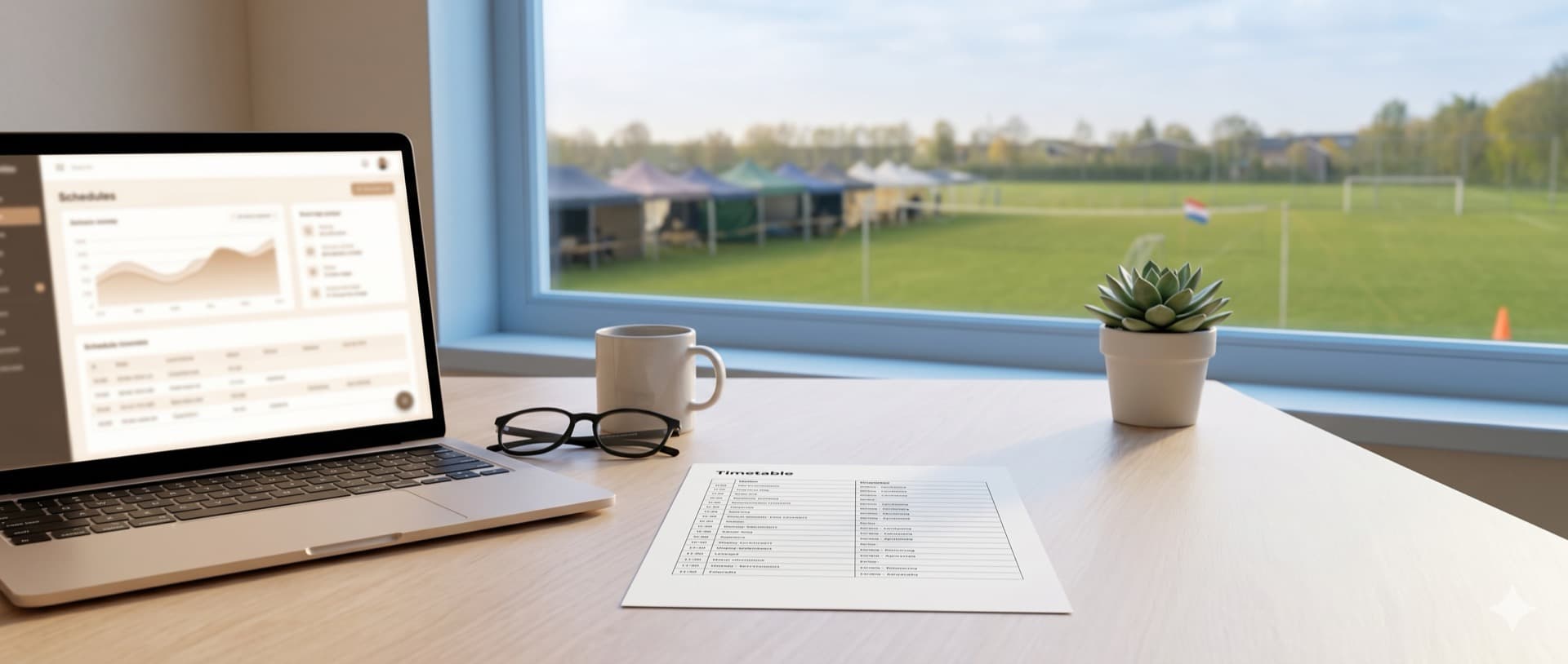 Workspace met laptop, schedule en koffie bij een raam met uitzicht op een sportveld