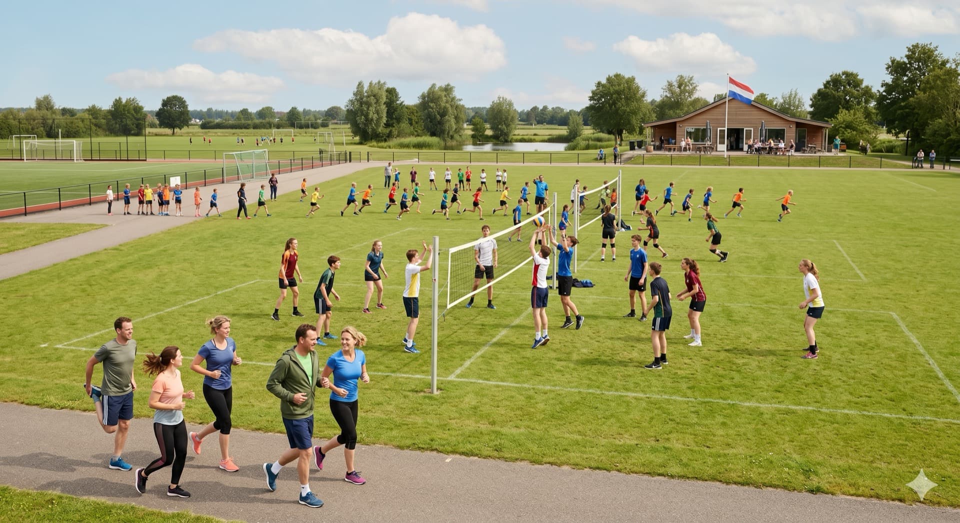 Sportveld met joggende volwassenen, volleyballende tieners en kinderen die rondrennen — verschillende leeftijdsgroepen op één locatie