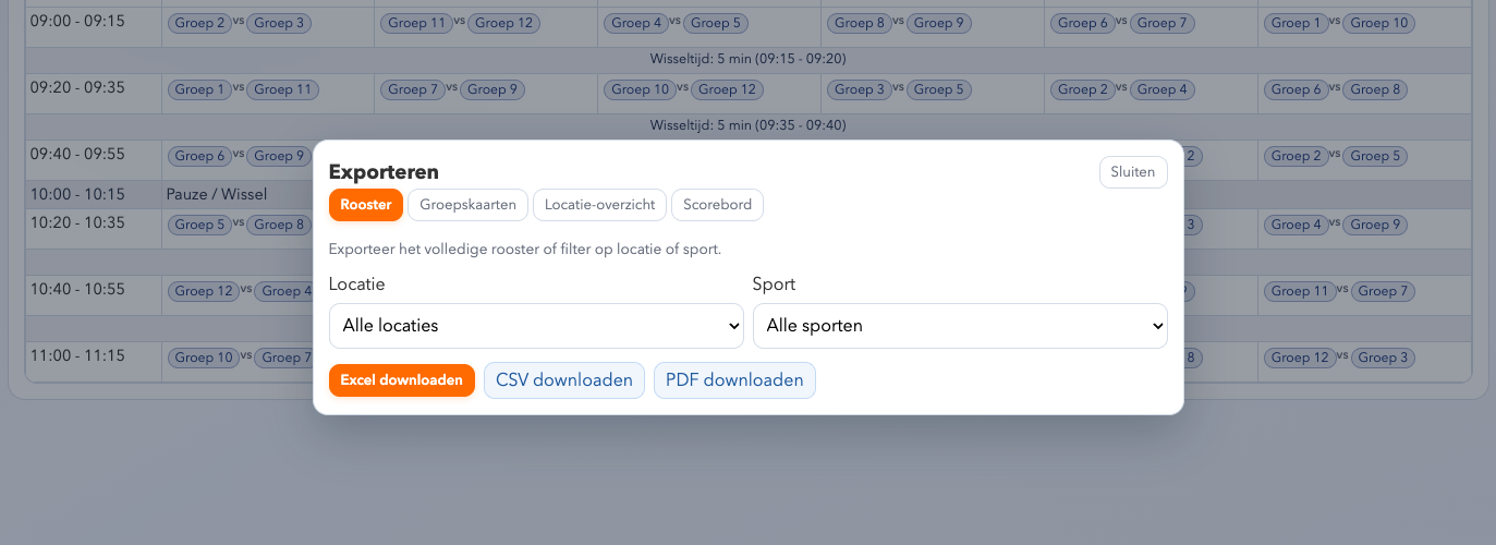 Export modal met spelbegeleider-pakket