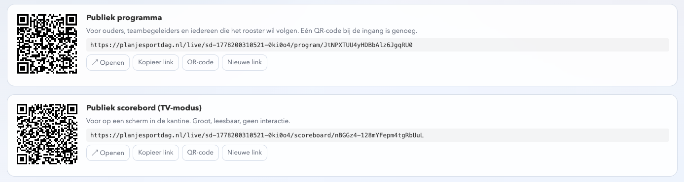 QR-codes voor publiek programma en publiek scorebord met links en kopieer-/openen-knoppen